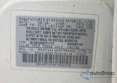 2019 Nissan Sentra S z USA, uszkodzony, nr VIN 3N1AB7AP8KY211770